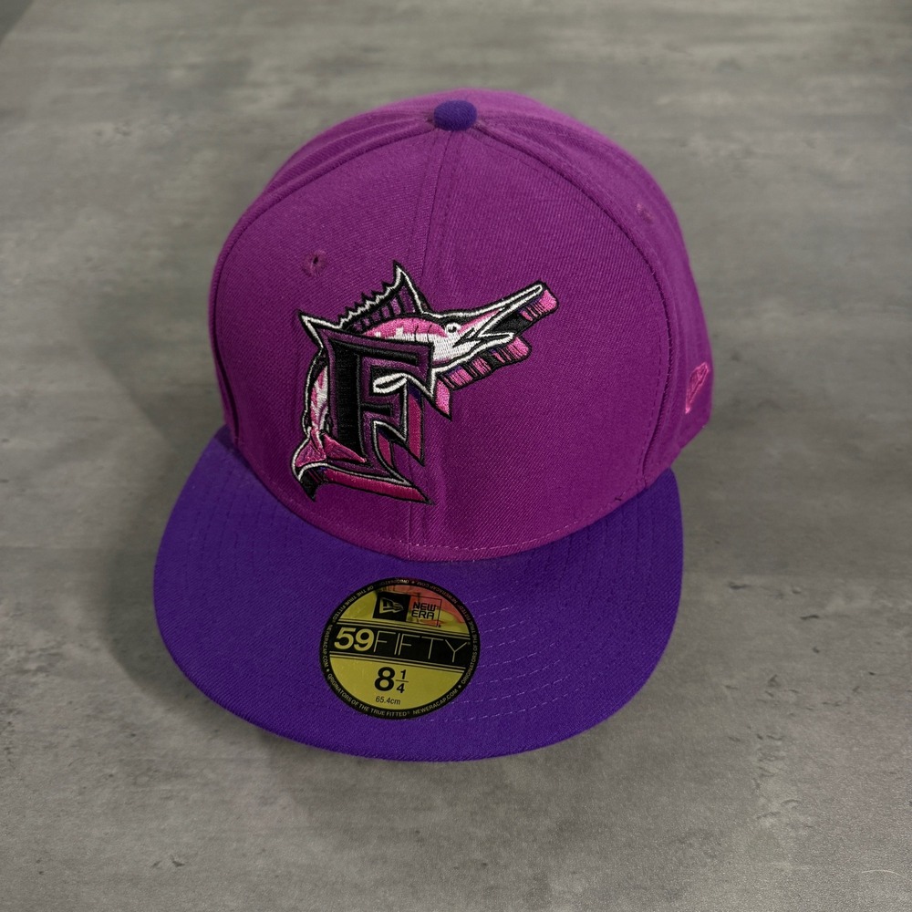 Vintage New Era Florida Marlins Hat 8 1/4 Purple Pink 59FIFTY Fitted MLB 3d Logo